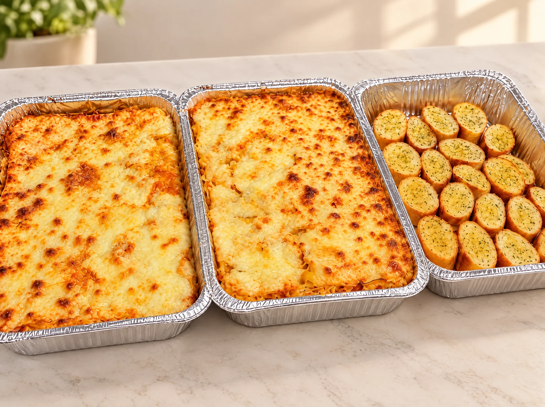 Bandejas de lasaña y pan de ajo para compartir