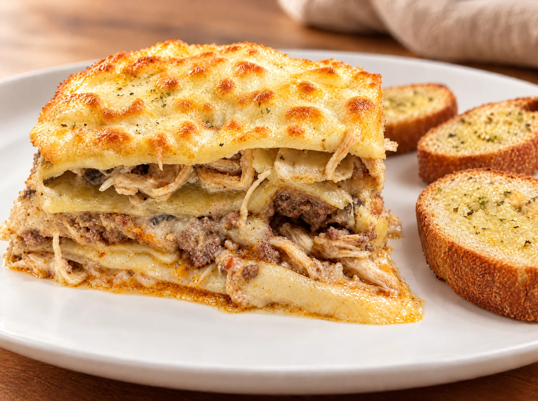 Porción de lasaña casera con pan de ajo
